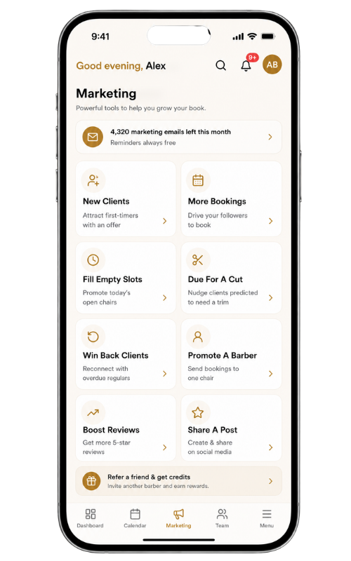 Neocut's marketing hub — one tap to run a campaign