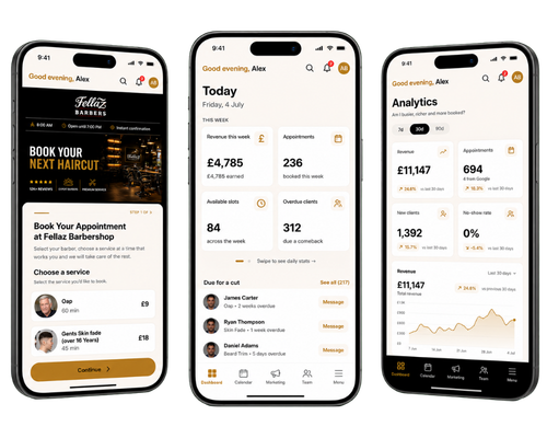 Neocut on three phones — your booking page, dashboard and analytics